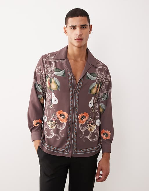 DESIGN relaxed fit revere collar satin shirt with print detail in brown