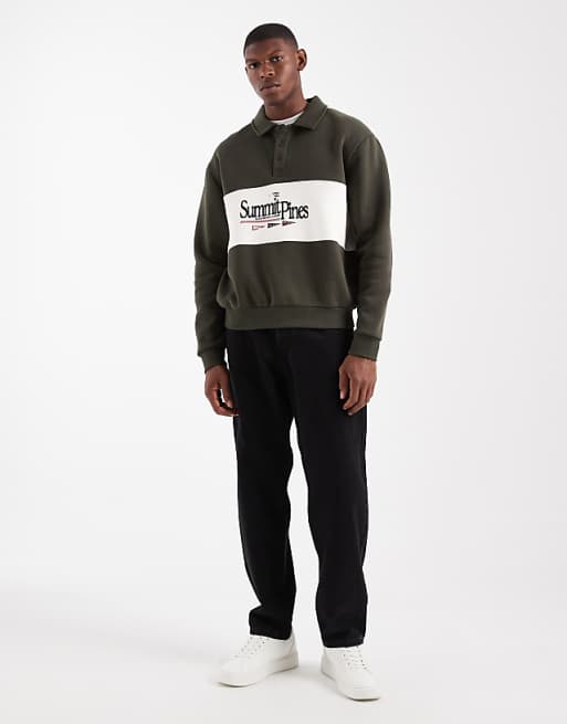 DESIGN Relaxed Fit Rugby Polo Sweatshirt With Colour Blocking And Print In Green