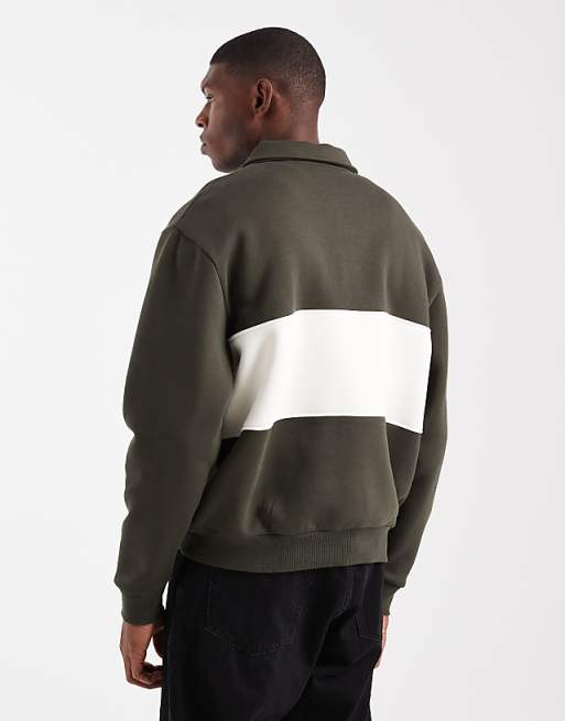 DESIGN Relaxed Fit Rugby Polo Sweatshirt With Colour Blocking And Print In Green