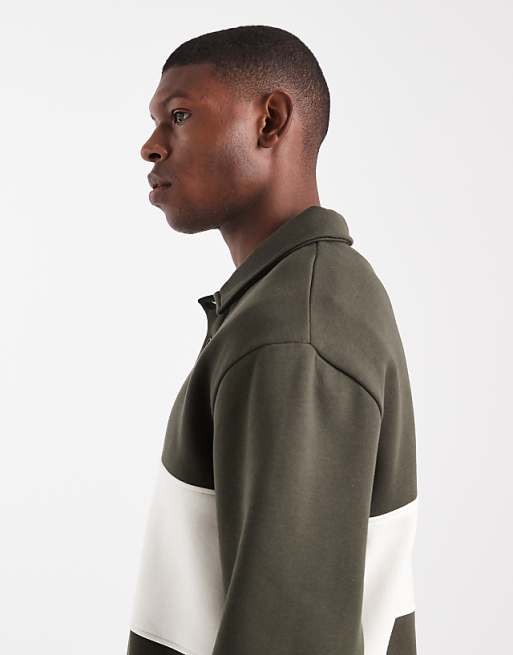 DESIGN Relaxed Fit Rugby Polo Sweatshirt With Colour Blocking And Print In Green