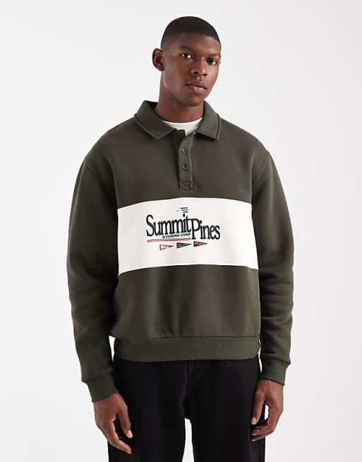 DESIGN relaxed fit rugby polo sweatshirt with colour blocking and print in green
