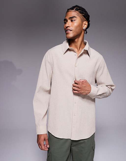 DESIGN relaxed fit shirt with crinkle texture in brown