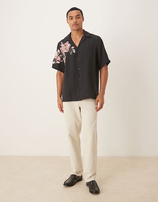 DESIGN Relaxed Fit Shirt With Floral Print Detail In Black