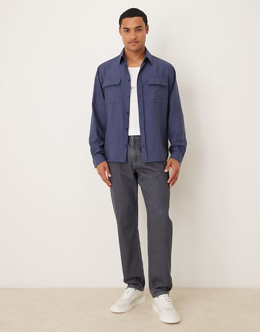 DESIGN Relaxed Fit Shirt With Pocket Detail In Navy Cotton
