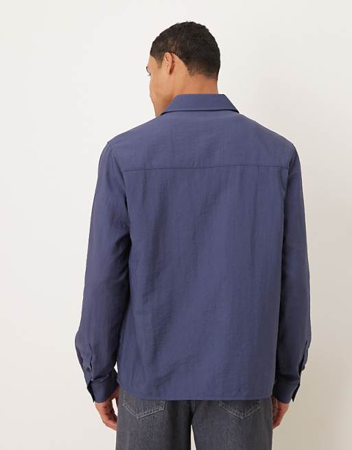 DESIGN Relaxed Fit Shirt With Pocket Detail In Navy Cotton