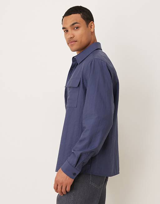 DESIGN Relaxed Fit Shirt With Pocket Detail In Navy Cotton