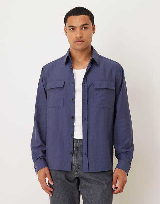 DESIGN relaxed fit shirt with pocket detail in navy cotton