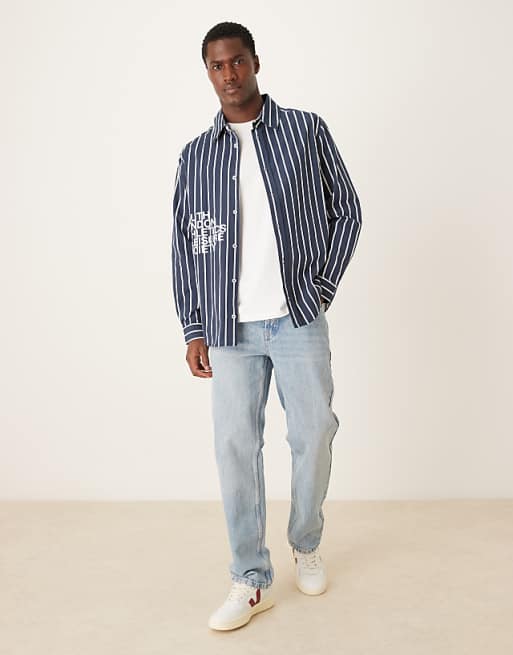 DESIGN Relaxed Fit Shirt With Print Detail In Navy Stripe