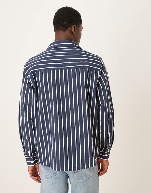 DESIGN Relaxed Fit Shirt With Print Detail In Navy Stripe