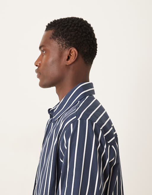 DESIGN Relaxed Fit Shirt With Print Detail In Navy Stripe