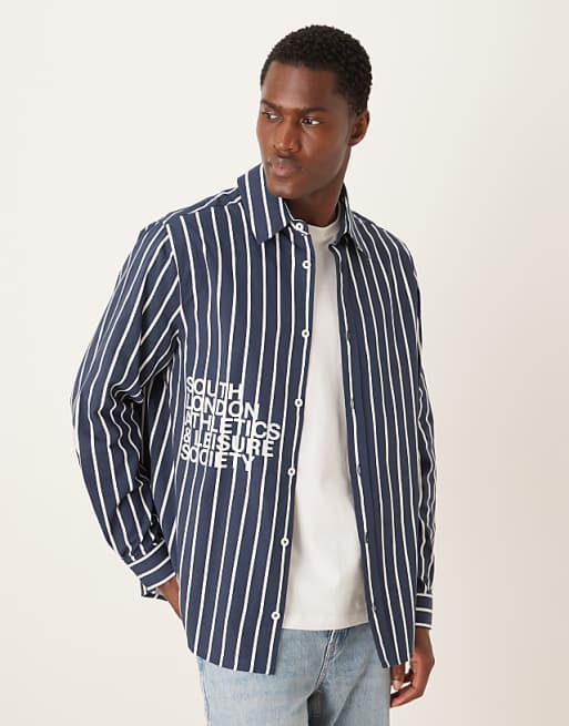 DESIGN relaxed fit shirt with print detail in navy stripe