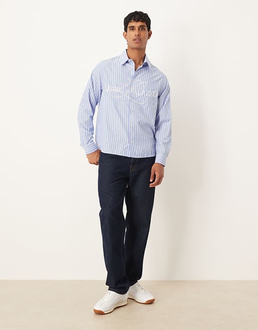 DESIGN Relaxed Fit Striped Shirt With Embroidery In Blue