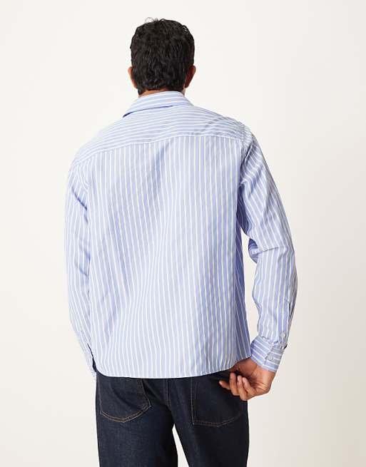 DESIGN Relaxed Fit Striped Shirt With Embroidery In Blue