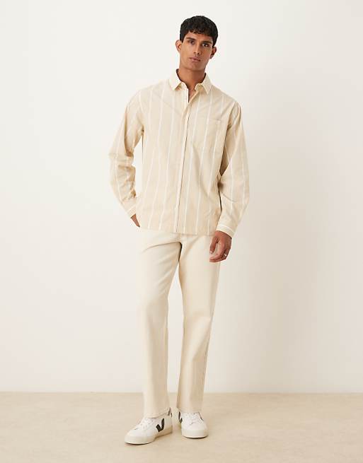 DESIGN Relaxed Fit Striped Shirt With Embroidery Detail In Sand