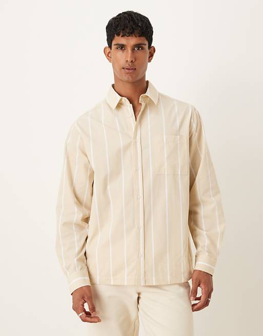 DESIGN Relaxed Fit Striped Shirt With Embroidery Detail In Sand