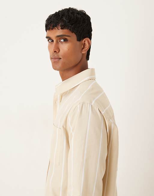 DESIGN Relaxed Fit Striped Shirt With Embroidery Detail In Sand