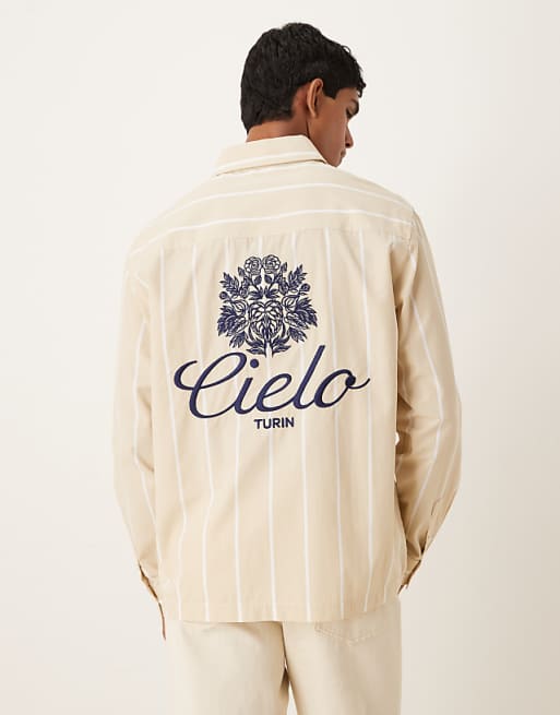 DESIGN relaxed fit striped shirt with embroidery detail in sand
