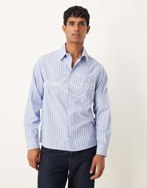 DESIGN relaxed fit striped shirt with embroidery in blue