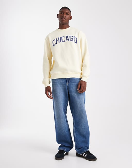 DESIGN Relaxed Fit Sweatshirt With Distressed Text Embroidery In Pale Yellow