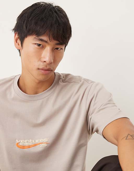 DESIGN Relaxed Fit T-shirt With Chest Print Detail In Stone