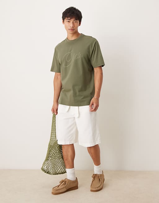 DESIGN Relaxed Fit T-shirt With Script Print Detail In Khaki
