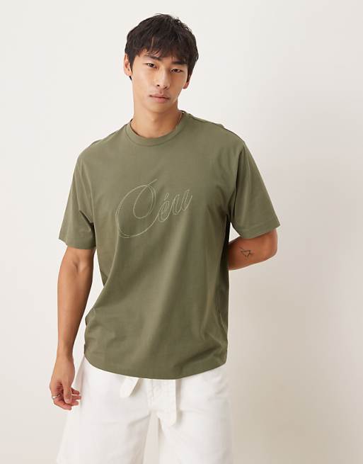 DESIGN relaxed fit t-shirt with script print detail in khaki