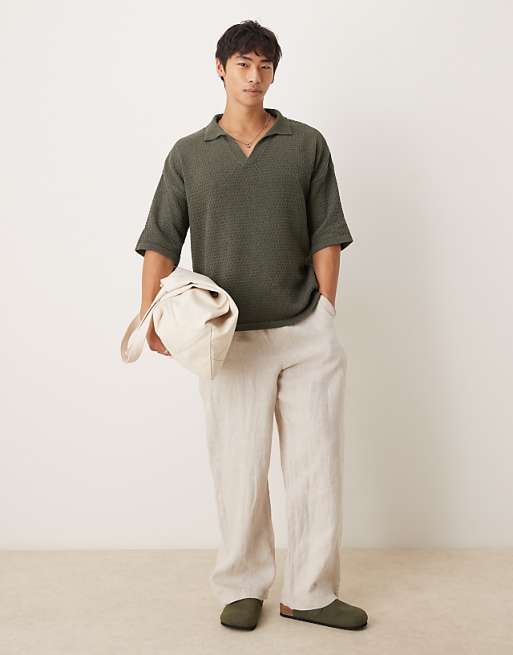DESIGN Relaxed Fit Textured Knitted Notch Neck Polo In Dark Green