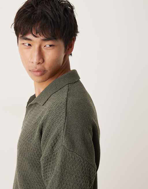 DESIGN Relaxed Fit Textured Knitted Notch Neck Polo In Dark Green