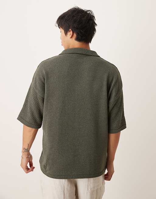 DESIGN Relaxed Fit Textured Knitted Notch Neck Polo In Dark Green