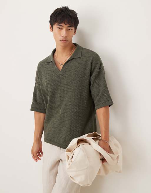 DESIGN relaxed fit textured knitted notch neck polo in dark green