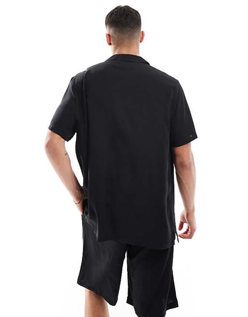 DESIGN Relaxed Fit Viscose Shirt With Low Revere Collar In Black