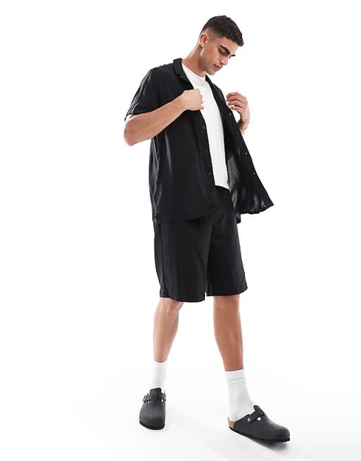 DESIGN Relaxed Fit Viscose Shirt With Low Revere Collar In Black