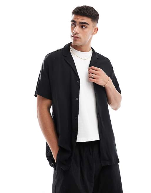 DESIGN Relaxed Fit Viscose Shirt With Low Revere Collar In Black
