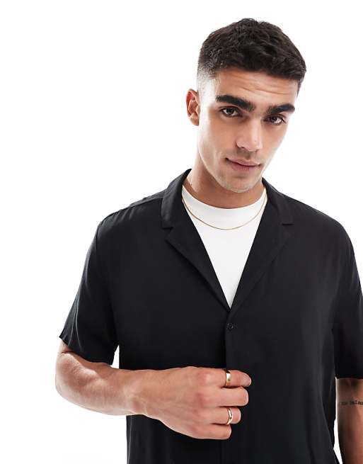 DESIGN relaxed fit viscose shirt with low revere collar in black