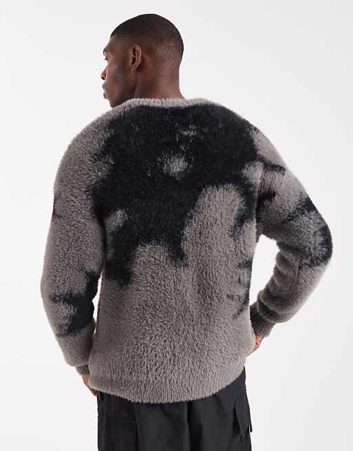 DESIGN Relaxed Fluffy Knitted Jumper In Black And Grey Abstract Print