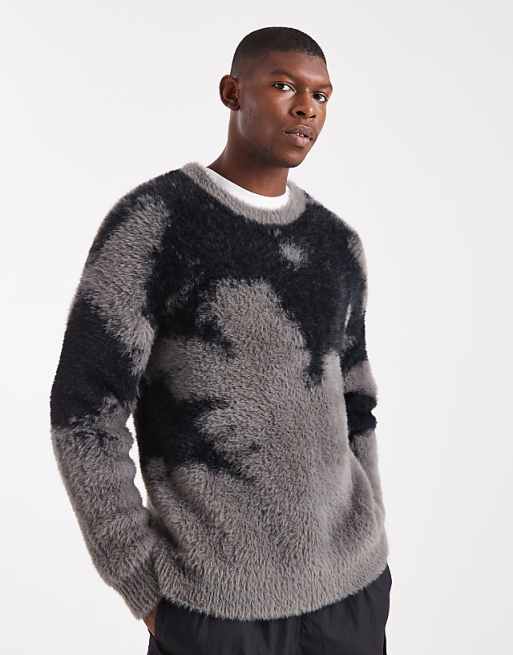 DESIGN relaxed fluffy knitted jumper in black and grey abstract print
