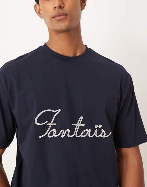 DESIGN Relaxed Heavyweight T-shirt With Text Embroidery In Navy