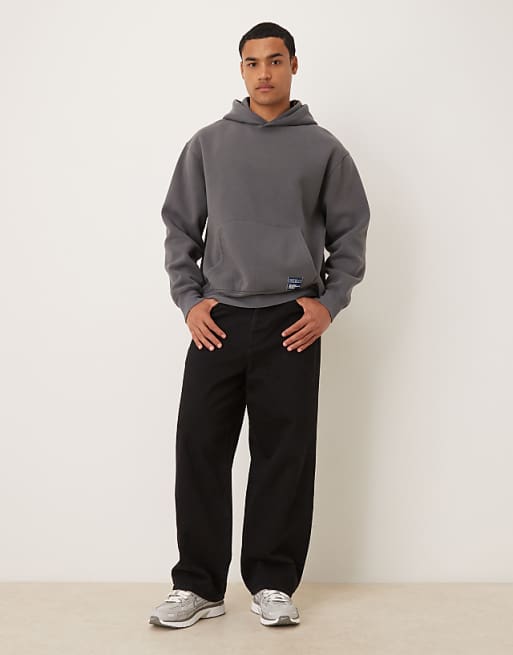 DESIGN Relaxed Hoodie With Woven Label In Washed Charcoal