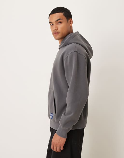 DESIGN Relaxed Hoodie With Woven Label In Washed Charcoal