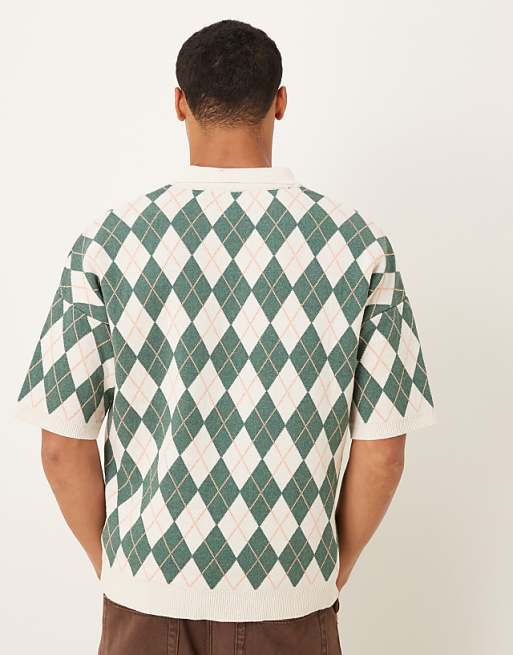 DESIGN Relaxed Knitted Argyle Print Polo With Brooklyn Graphic In Cream And Green