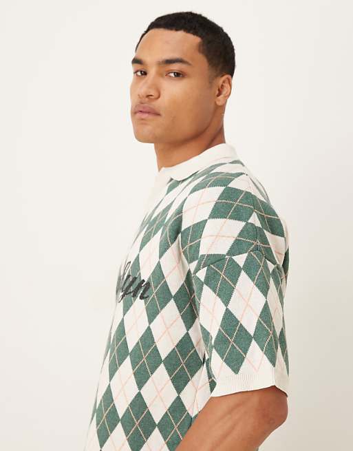 DESIGN Relaxed Knitted Argyle Print Polo With Brooklyn Graphic In Cream And Green