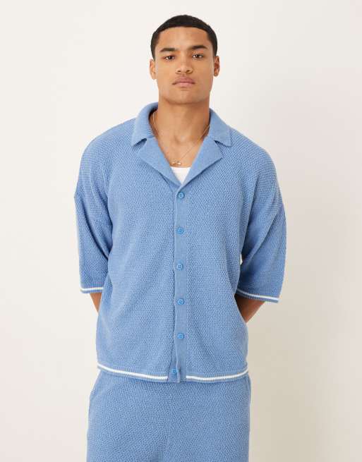 DESIGN Relaxed Knitted Button Through Polo Shirt And Shorts Co-ord In Light Blue