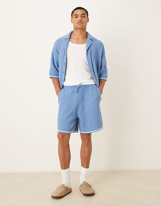 DESIGN relaxed knitted button through polo shirt and shorts co-ord in light blue