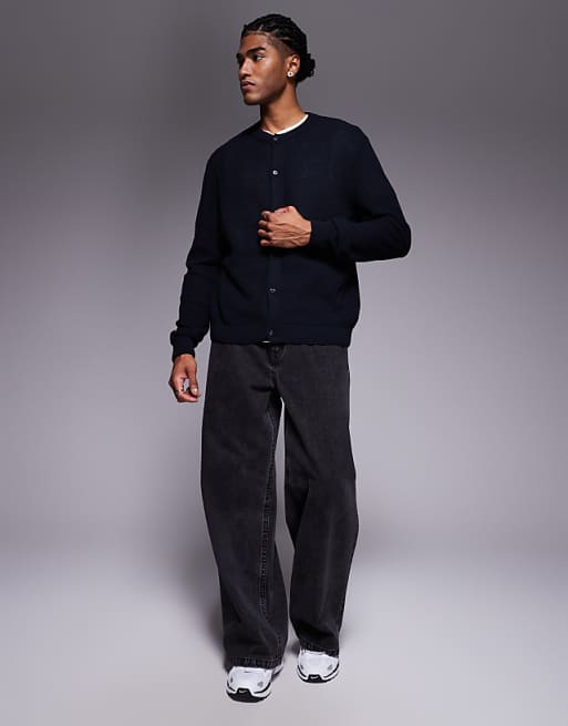 DESIGN Relaxed Knitted Crew Neck Cardigan In Navy