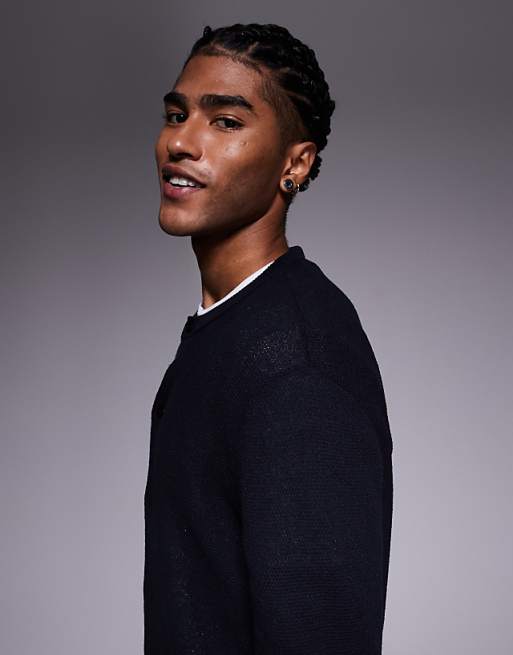 DESIGN Relaxed Knitted Crew Neck Cardigan In Navy