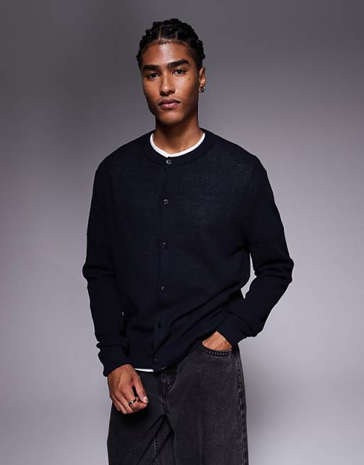 DESIGN relaxed knitted crew neck cardigan in navy