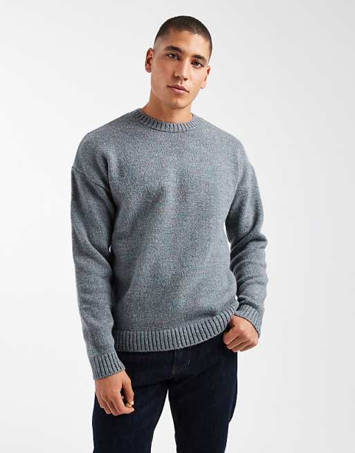 DESIGN relaxed knitted crew neck jumper in blue marl
