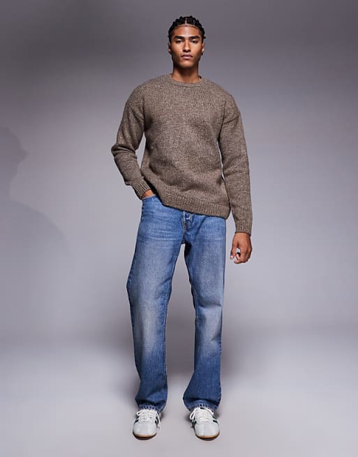 DESIGN Relaxed Knitted Crew Neck Jumper In Brown Marl