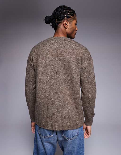 DESIGN Relaxed Knitted Crew Neck Jumper In Brown Marl