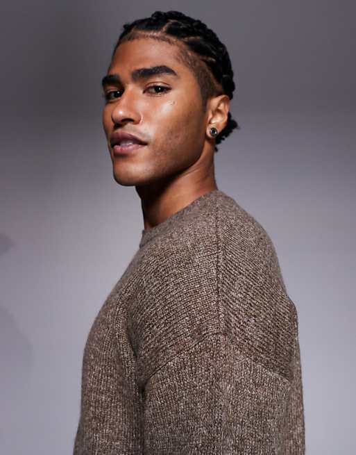 DESIGN Relaxed Knitted Crew Neck Jumper In Brown Marl